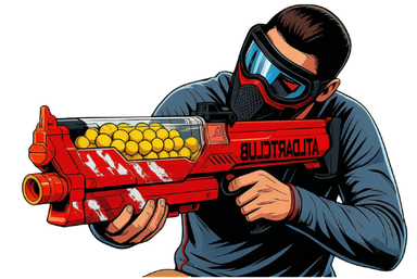 Player in goggles aiming a red ATL Dart Club blaster