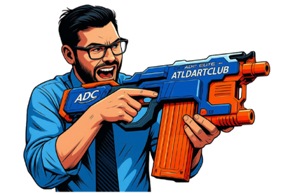Office professional aiming an ATL Dart Club blaster