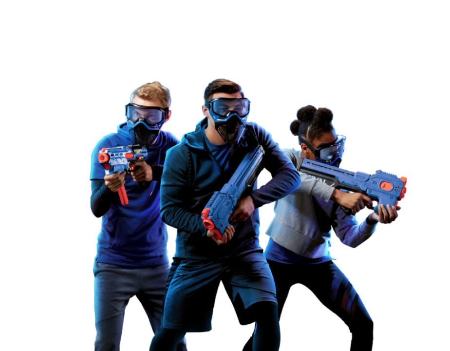 Three players in masks aiming Nerf Rival blasters